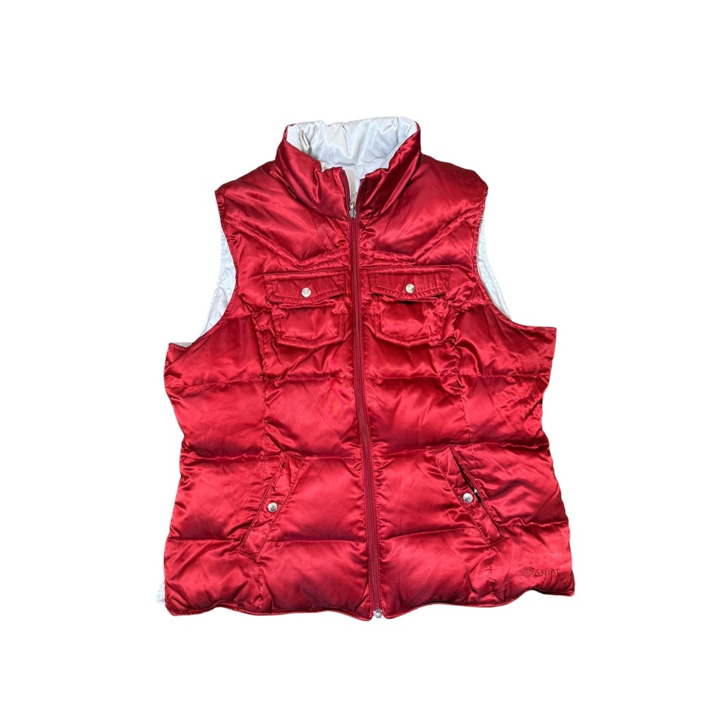 Ariat Reversible Puffer Vest Red Silver Duck Down Quilted Satin Fleur De Lis L